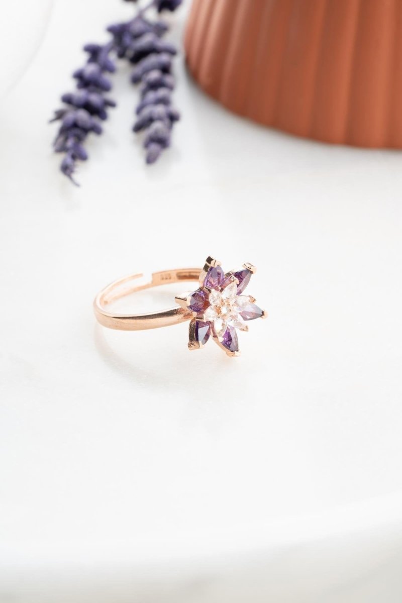 Nereze | Rose Color Purple and White Stone Lotus Flower Adjustable Size Ring - TryAladdin