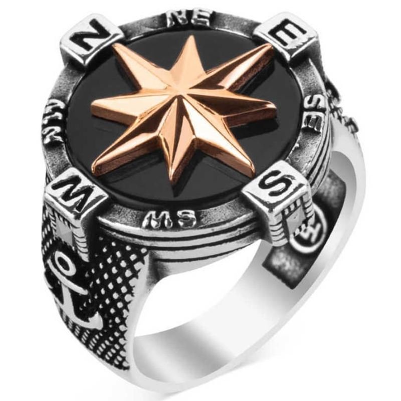 Taki | Silver Compass Ring with Black Onyx Stone - TryAladdin