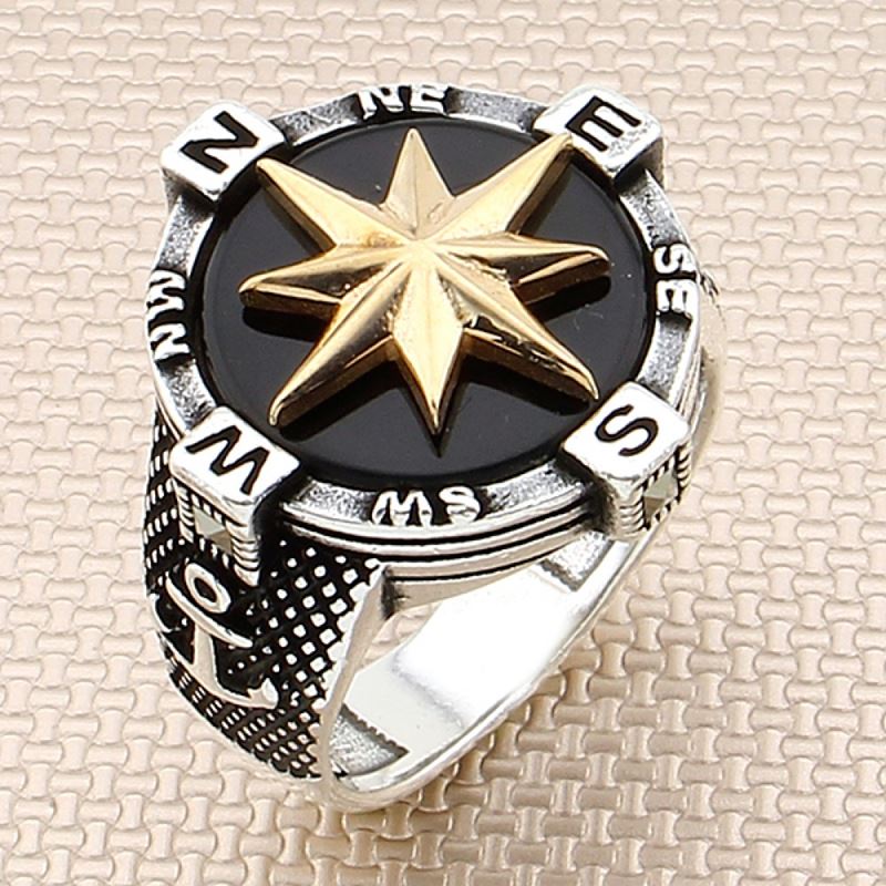 Taki | Silver Compass Ring with Black Onyx Stone - TryAladdin