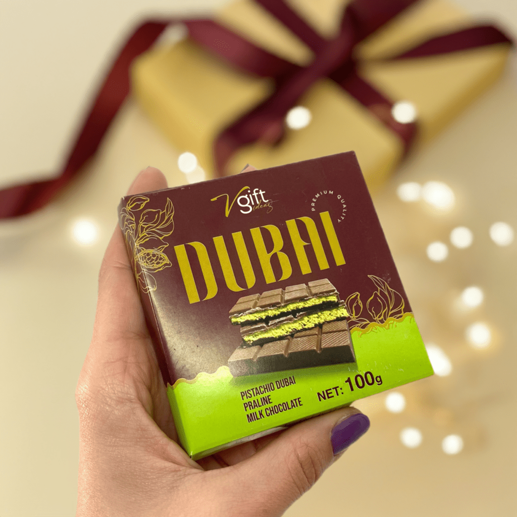 V - Gift Pistachio Praline Dubai Chocolate Bar – Crispy & Nutty Delight - TryAladdin