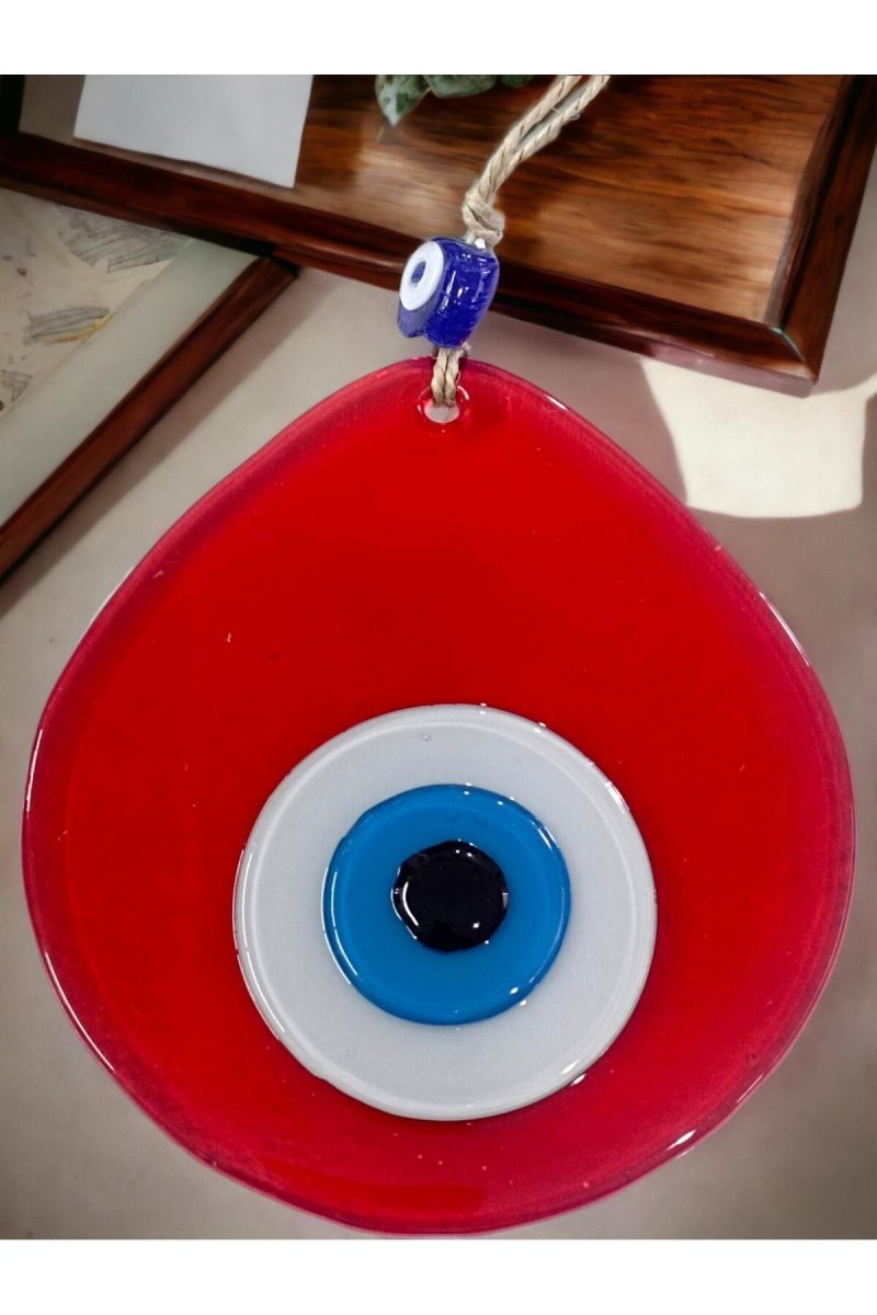 Blue Nazar Beaded Transparent Red Color Drop Pattern Handmade Wall Ornament - TryAladdin