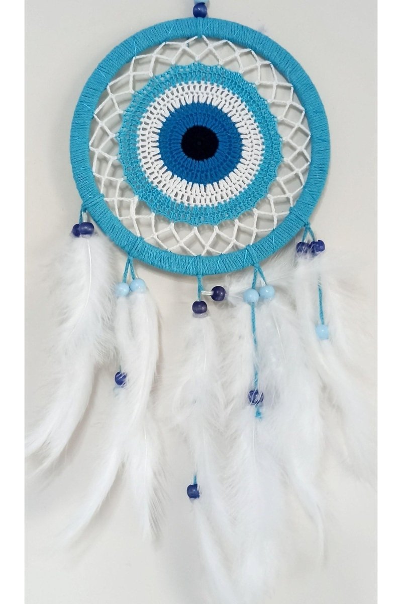 Nazar Bead Motived Turquoise Color Dream Catcher White Bird Furry Dream Wall Ornament - TryAladdin