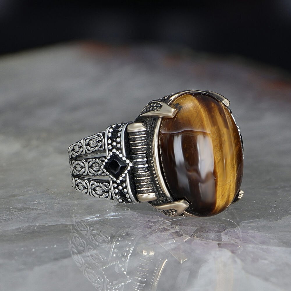 Tesbihevim | Chain Series Men's Silver Ring with Tiger's Eye Stone - TryAladdin