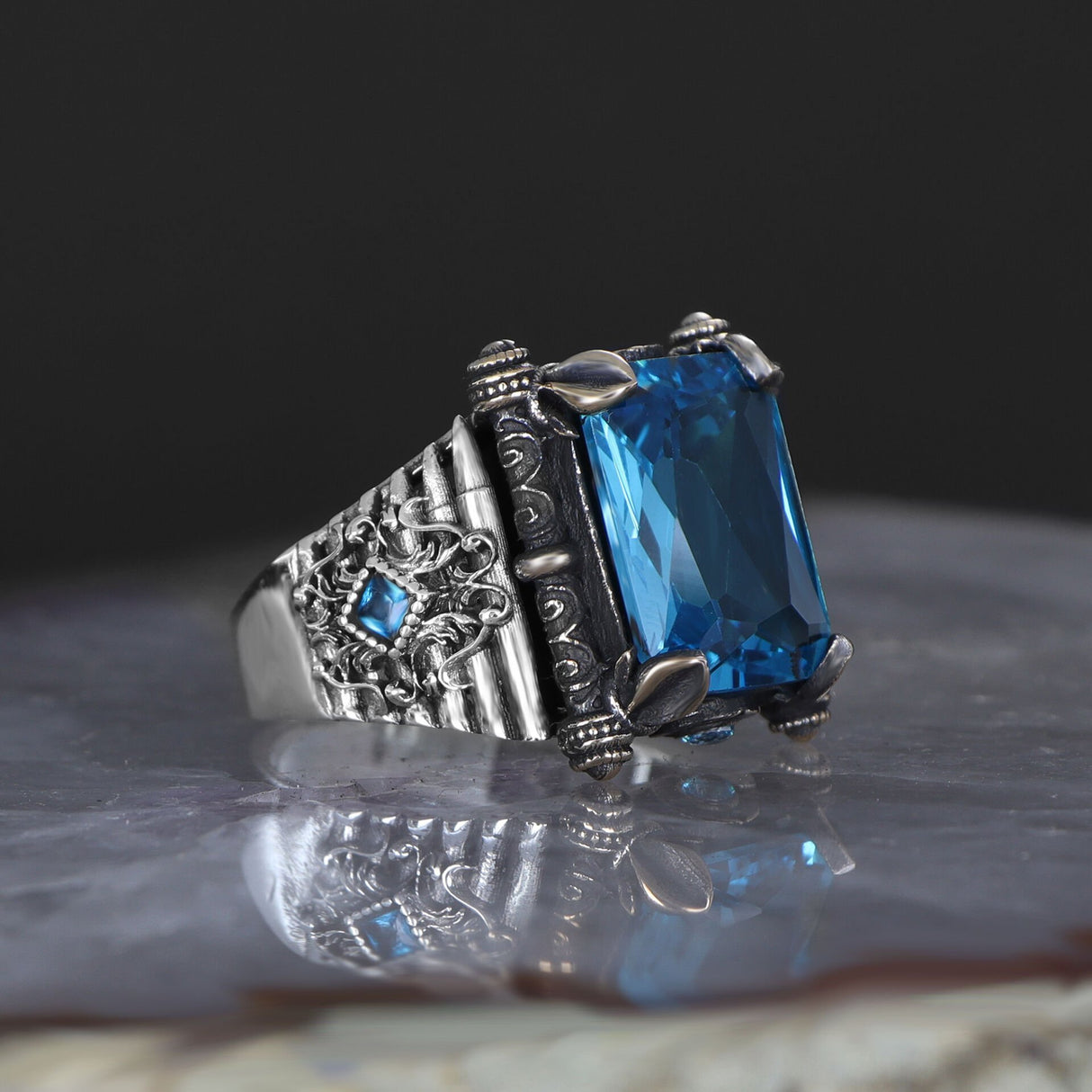 Tesbihevim | Men's Silver Ring with Aqua Marin Stone - TryAladdin