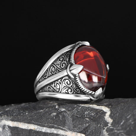 Tesbihevim | Men's Silver Ring with Red Agate Stone - TryAladdin