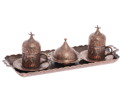 Acar | Turkish Coffee Set of Two With Metal Tray And Candy Bowl - Whirling Dervish Design - Antique Copper - TryAladdin