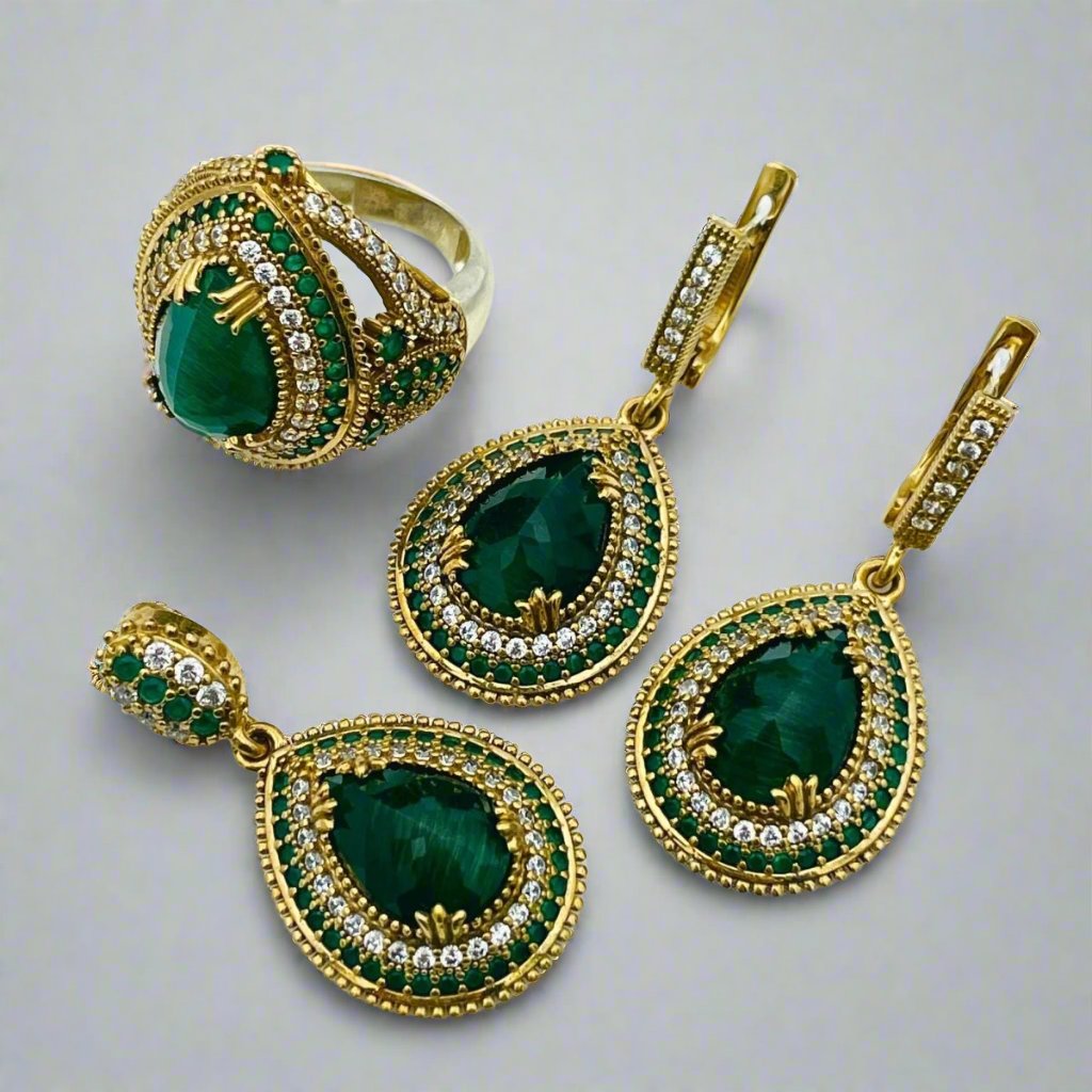 Istanbul Jewelry | Emerald Ottoman Style Handmade Silver Jewelry Set - TryAladdin