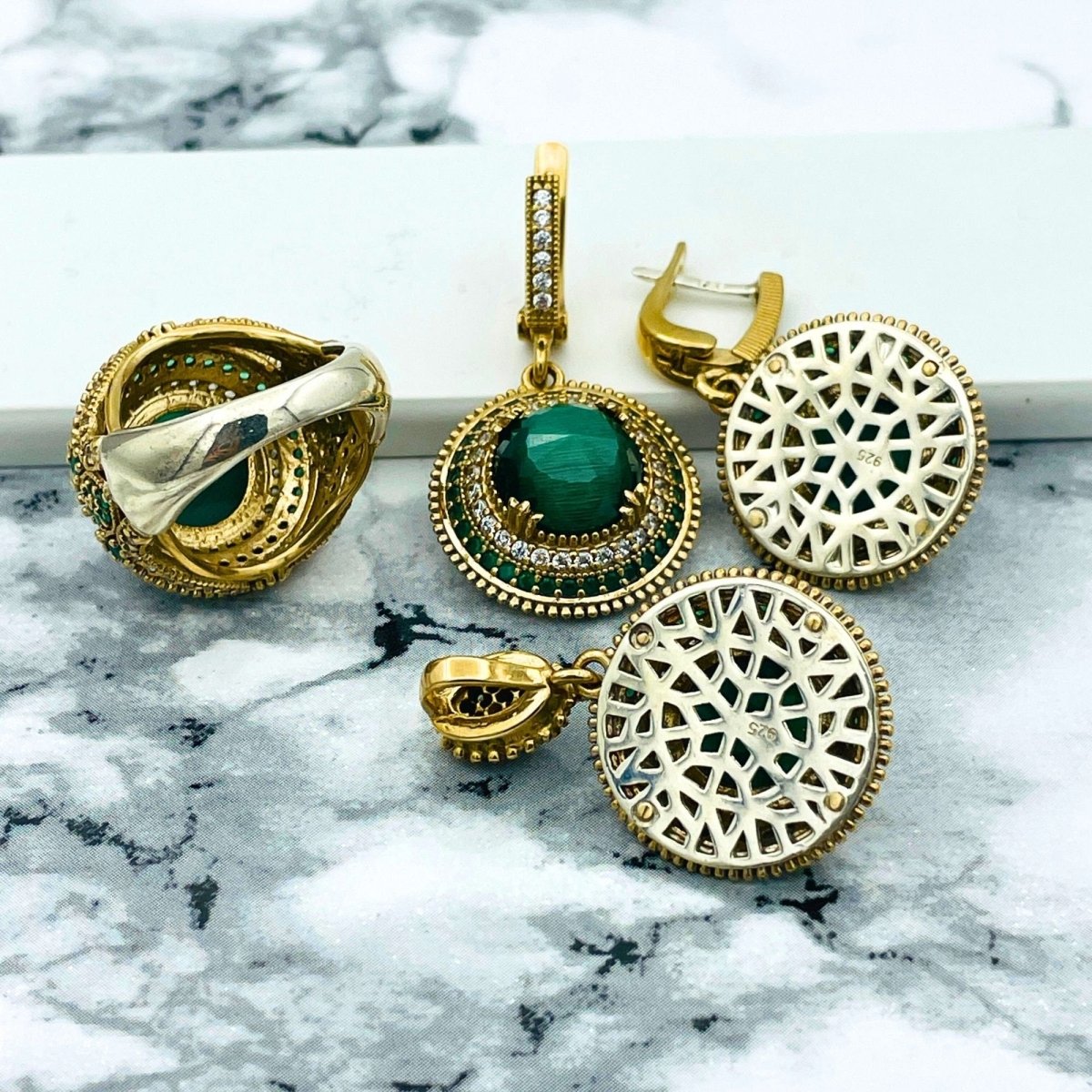 Istanbul Jewelry | Malachite Ottoman Style Handmade Silver Jewelry Set - TryAladdin