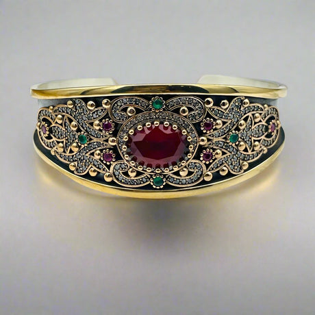 Istanbul Jewelry | Ruby Ottoman Style Adjustable Cuff Handmade Silver Bracelet - TryAladdin