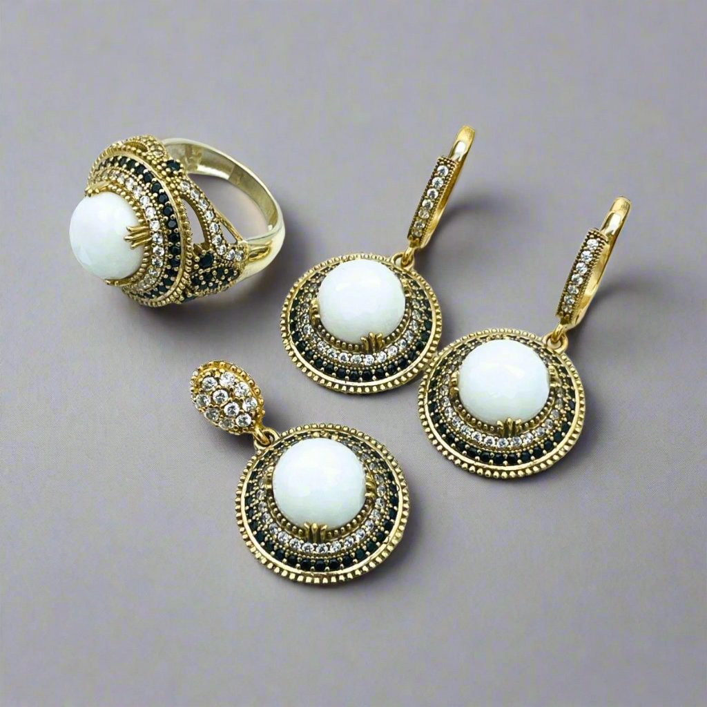 Istanbul Jewelry | White Agate Ottoman Style Handmade Silver Set - TryAladdin