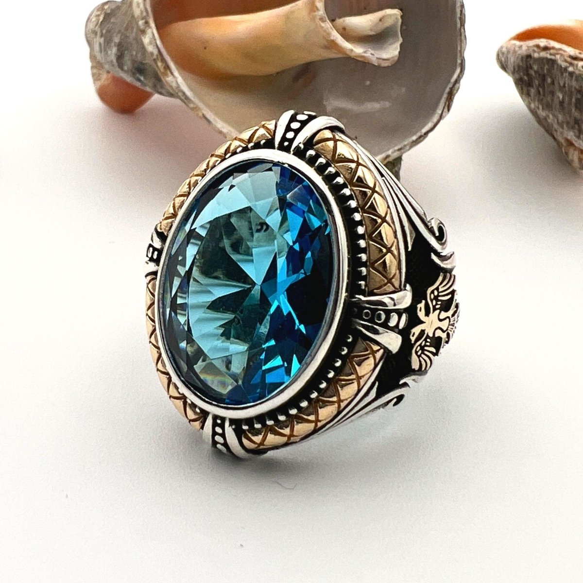 Blue Aquamarine Double Headed Eagle Silver Ring - TryAladdin