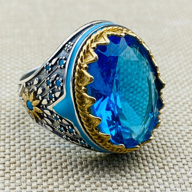 Blue Aquamarine Oval Stone Men's Ring - TryAladdin