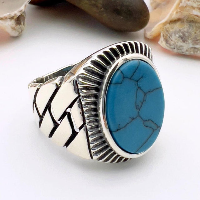 Blue Oval Turquoise Stone Men's Silver Ring - TryAladdin