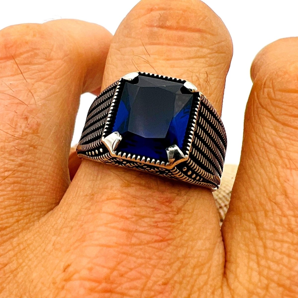 Blue Sapphire Squared Stone Men's Ring - TryAladdin