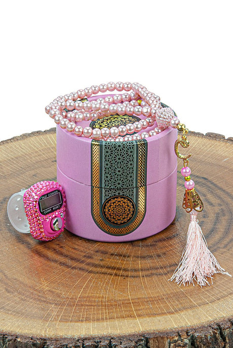 Cylinder Boxed Pearl Tasbih and Stone Designed Dhikrmatic Gift Set Pink - TryAladdin