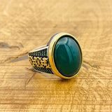 Green Agate Signet Men's Silver Ring - TryAladdin