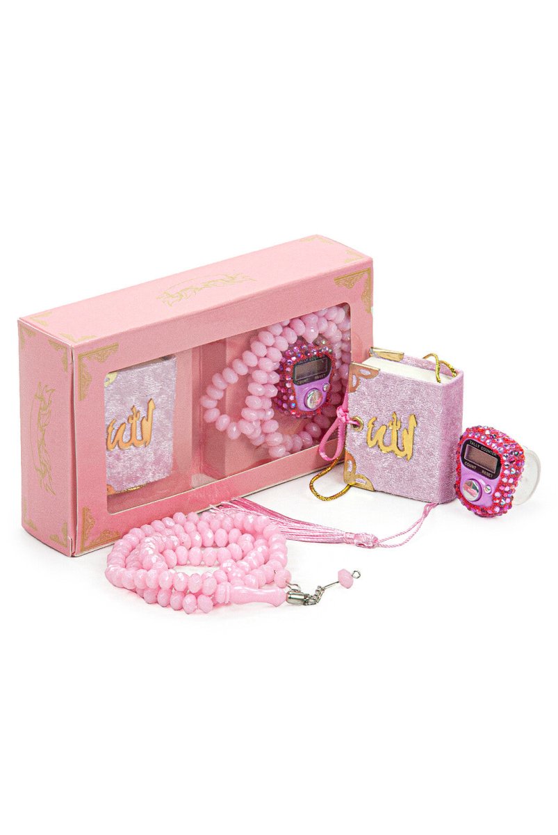 Hajj Umrah Gift Set with Mini Quran, Crystal Stone Prayer Bead and Stone Designed Dhikrmatic, Pink Color - TryAladdin