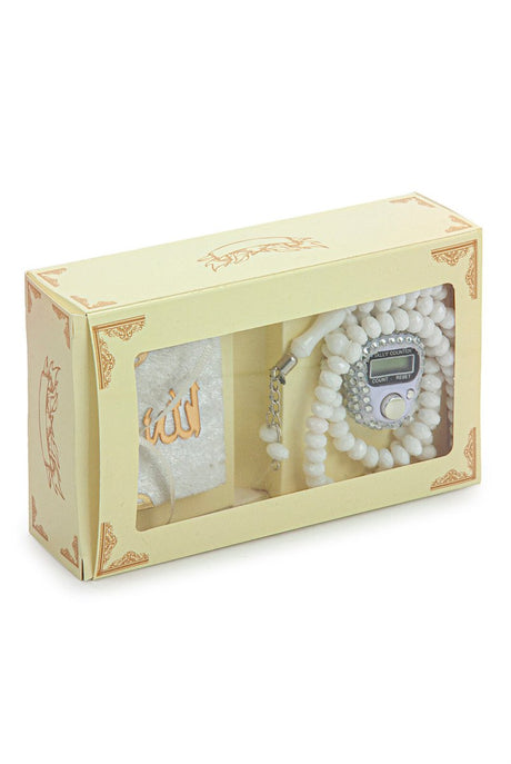 Hajj Umrah Gift Set with Mini Quran, Crystal Stone Prayer Bead and Stone Designed Dhikrmatic, White Color - TryAladdin