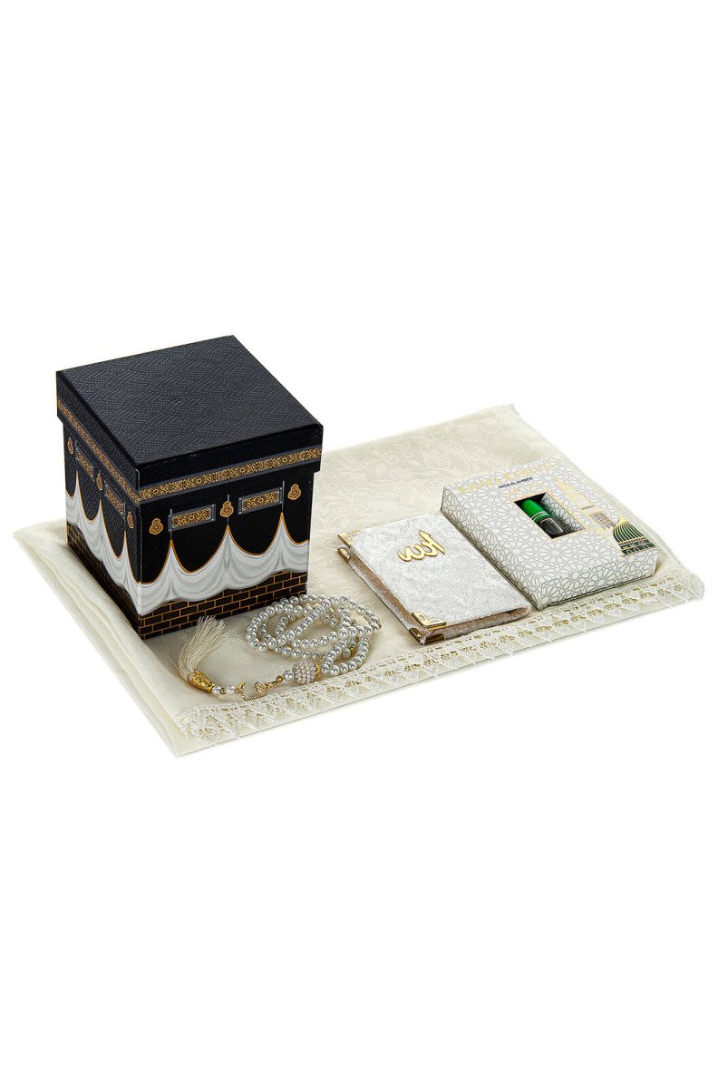 Kaaba Patterned Gift Set with Special Box - Scalloped Cover - Rawza Fragrance - Pearl Tasbih - Velvet Yasin, White - TryAladdin