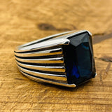 Men's Blue Sapphire Stone Silver Ring - TryAladdin