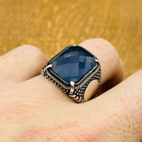 Men's Blue Sapphire Stone Silver Ring - TryAladdin