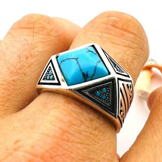 Men's Blue Turquoise Gemstone Handmade Silver Ring - TryAladdin