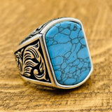 Men's Blue Turquoise Stone Silver Ring - TryAladdin