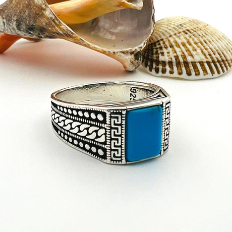 Men's Blue Turquoise Stone Turkish Handmade Silver Ring - TryAladdin