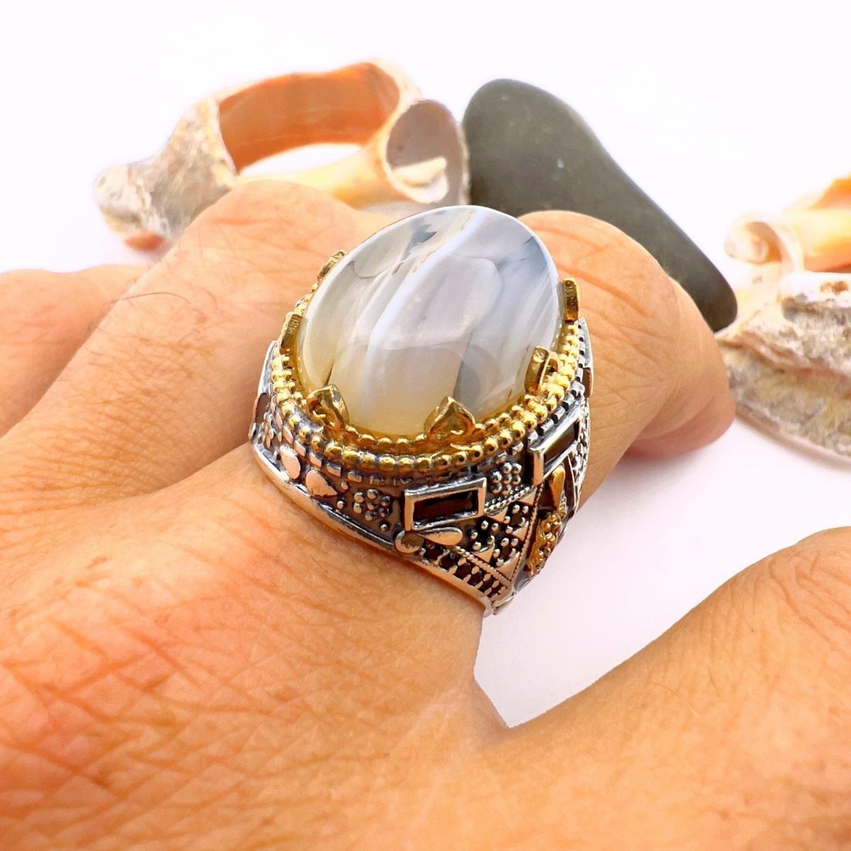 Men's Brown Agate Stone Silver Ring - TryAladdin