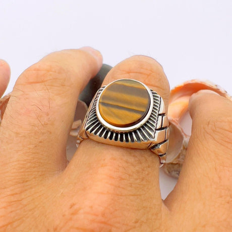 Men's Brown Tiger's Eye Stone Silver Ring - TryAladdin