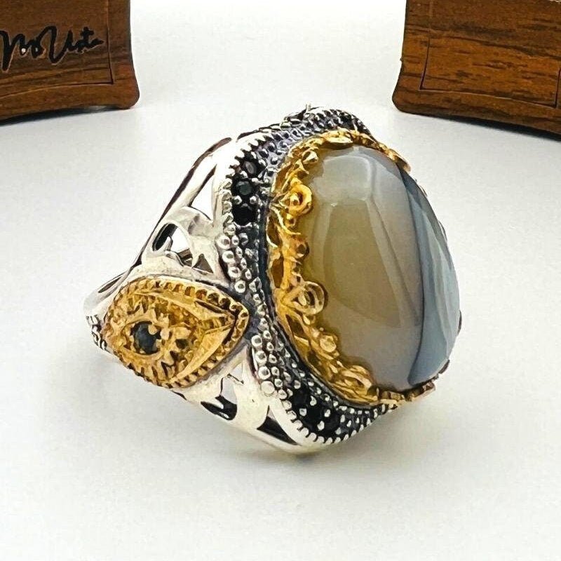 Men's Brown Topaz Agate Stone Silver Ring - TryAladdin