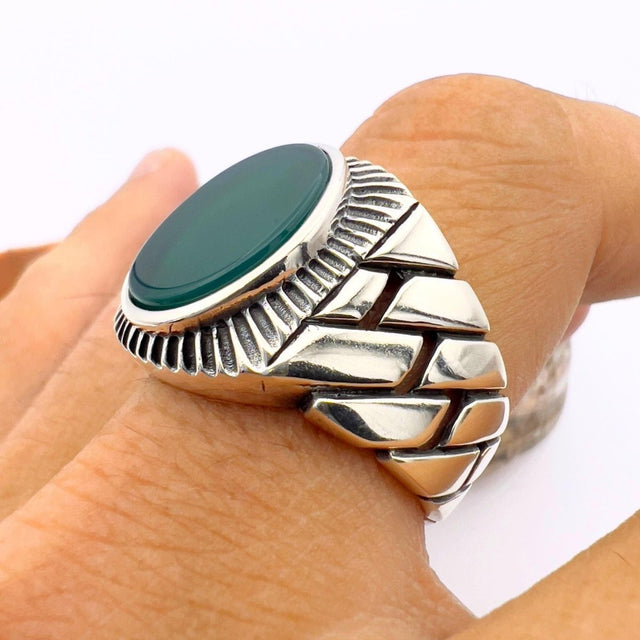 Men's Green Agate Stone Silver Ring - TryAladdin