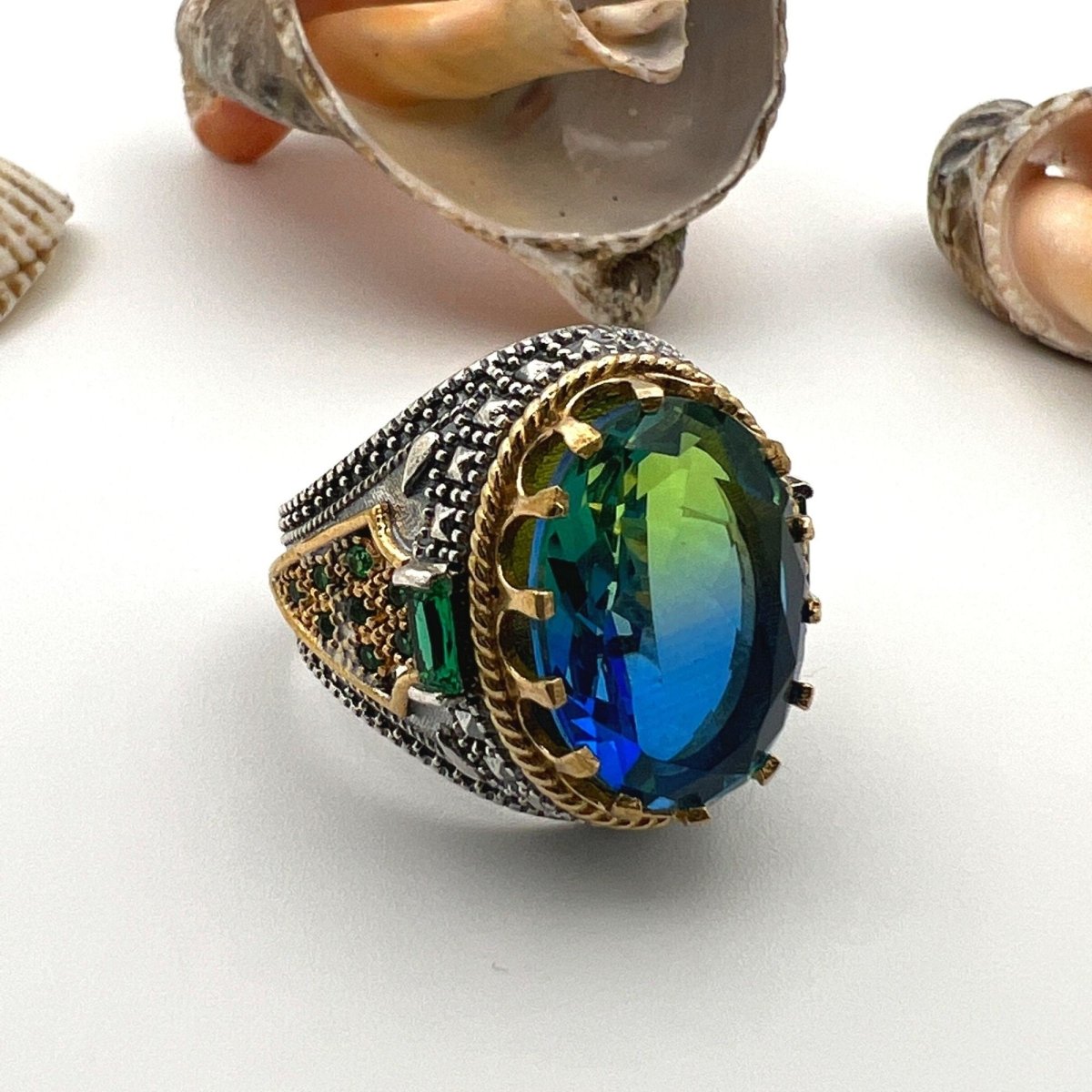 Men's Green - Blue Stone Silver Ring - TryAladdin