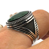 Men's Green Emerald Stone Ottoman Style Silver Ring - TryAladdin