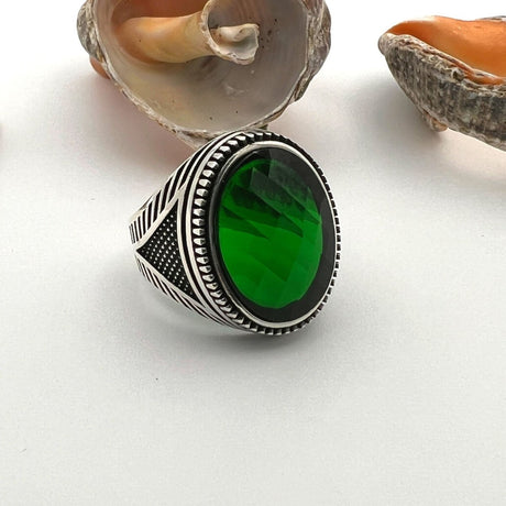 Men's Green Emerald Stone Ottoman Style Silver Ring - TryAladdin