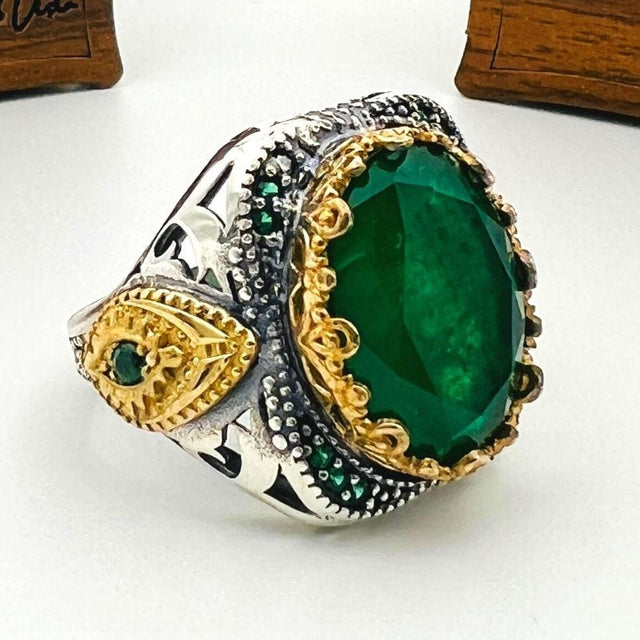 Men's Green Tourmaline Stone Silver Ring - TryAladdin