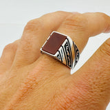 Men's Natural Green Agate Square Sterling Silver Ring - TryAladdin