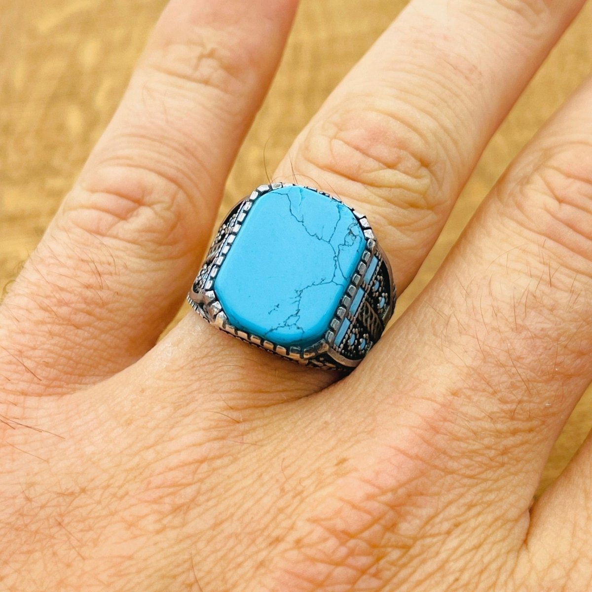 Men's Natural Turquoise Gemstone Square Ring - TryAladdin