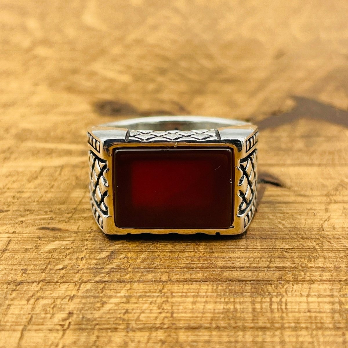 Men's Rectangle Red Agate Stone Ring - TryAladdin