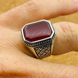 Men's Red Agate Gemstone Silver Ring - TryAladdin