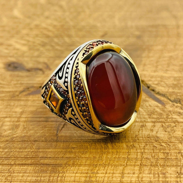 Men's Red Agate Ottoman Silver Ring - TryAladdin