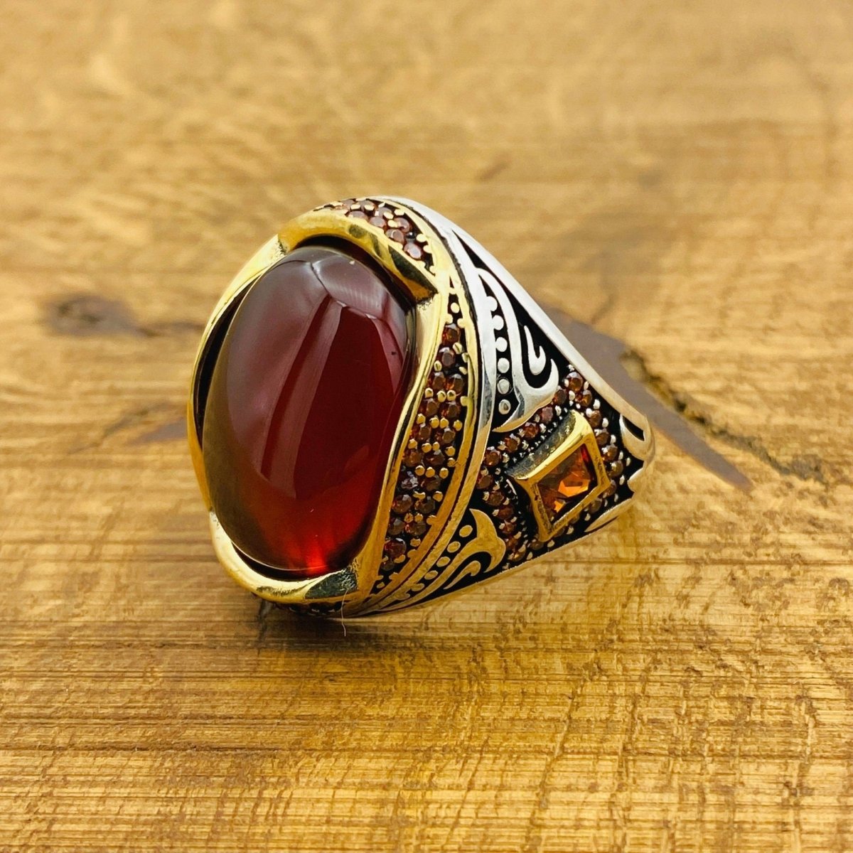 Men's Red Agate Ottoman Silver Ring - TryAladdin