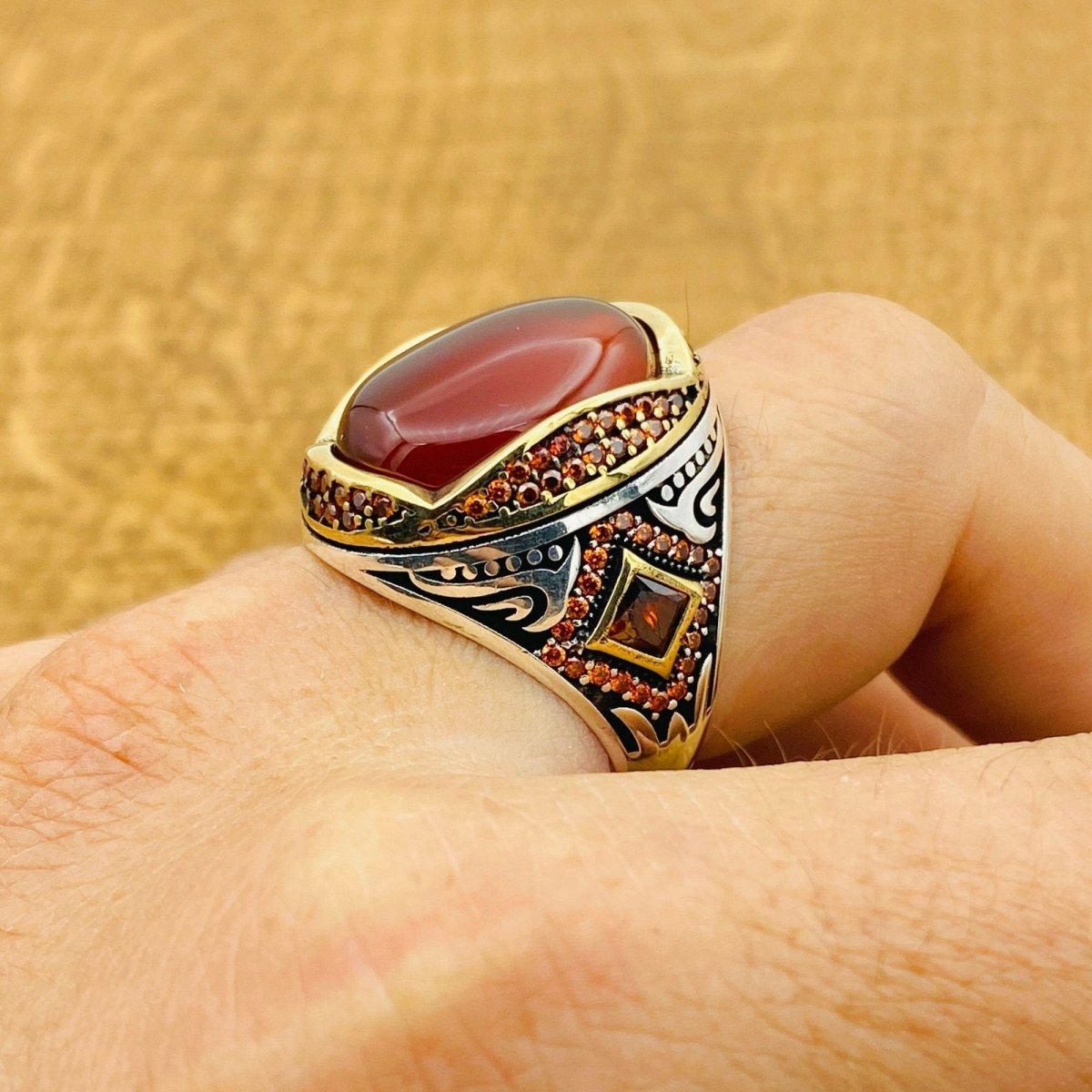 Men's Red Agate Ottoman Silver Ring - TryAladdin