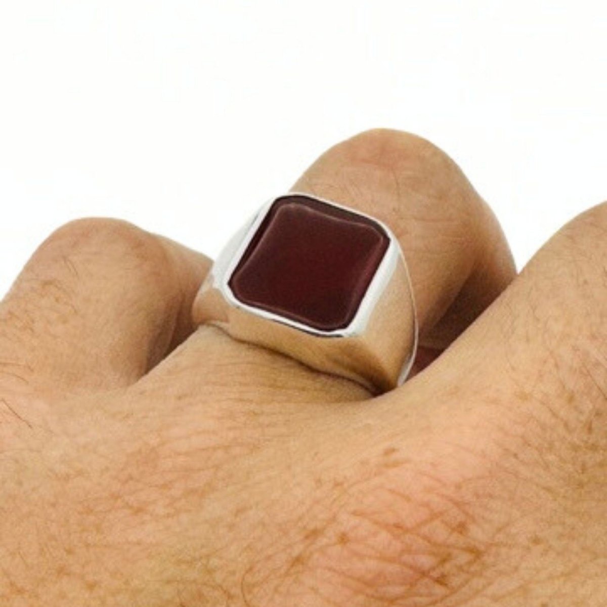 Men's Red Agate Silver Ring - TryAladdin