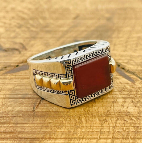 Men's Red Agate Silver Ring - TryAladdin