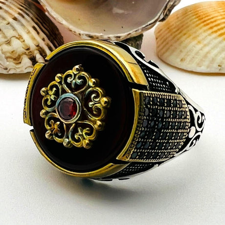 Men's Red Agate Silver Ring - TryAladdin