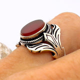 Men's Red Agate Stone Silver Ring - TryAladdin