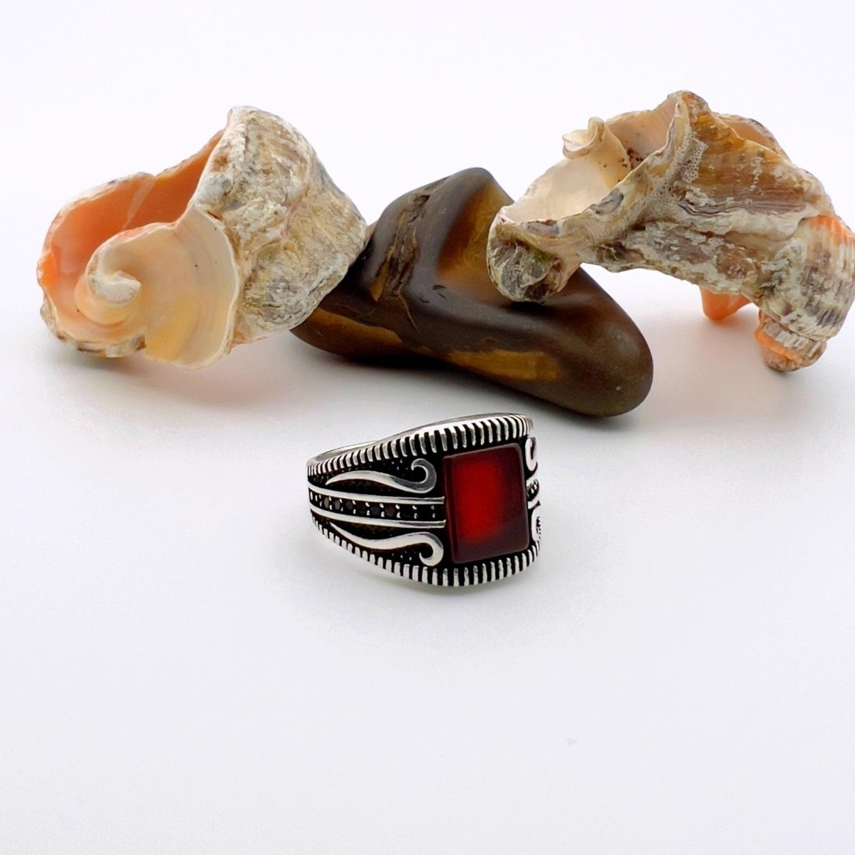 Men's Red Agate Stone Silver Ring - TryAladdin