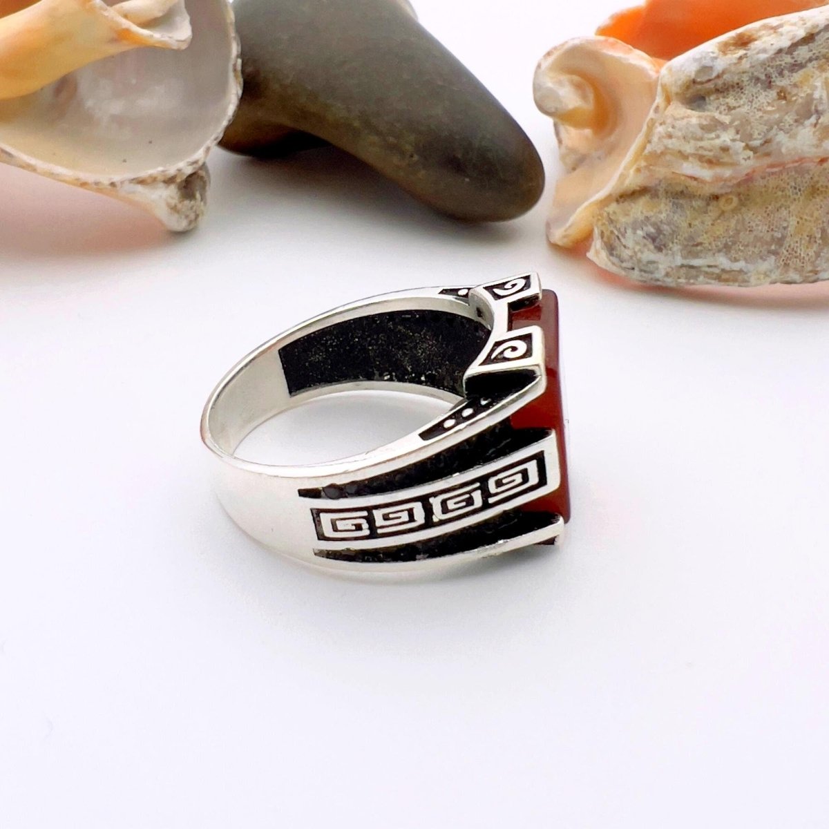 Men's Red Agate Stone Silver Ring - TryAladdin