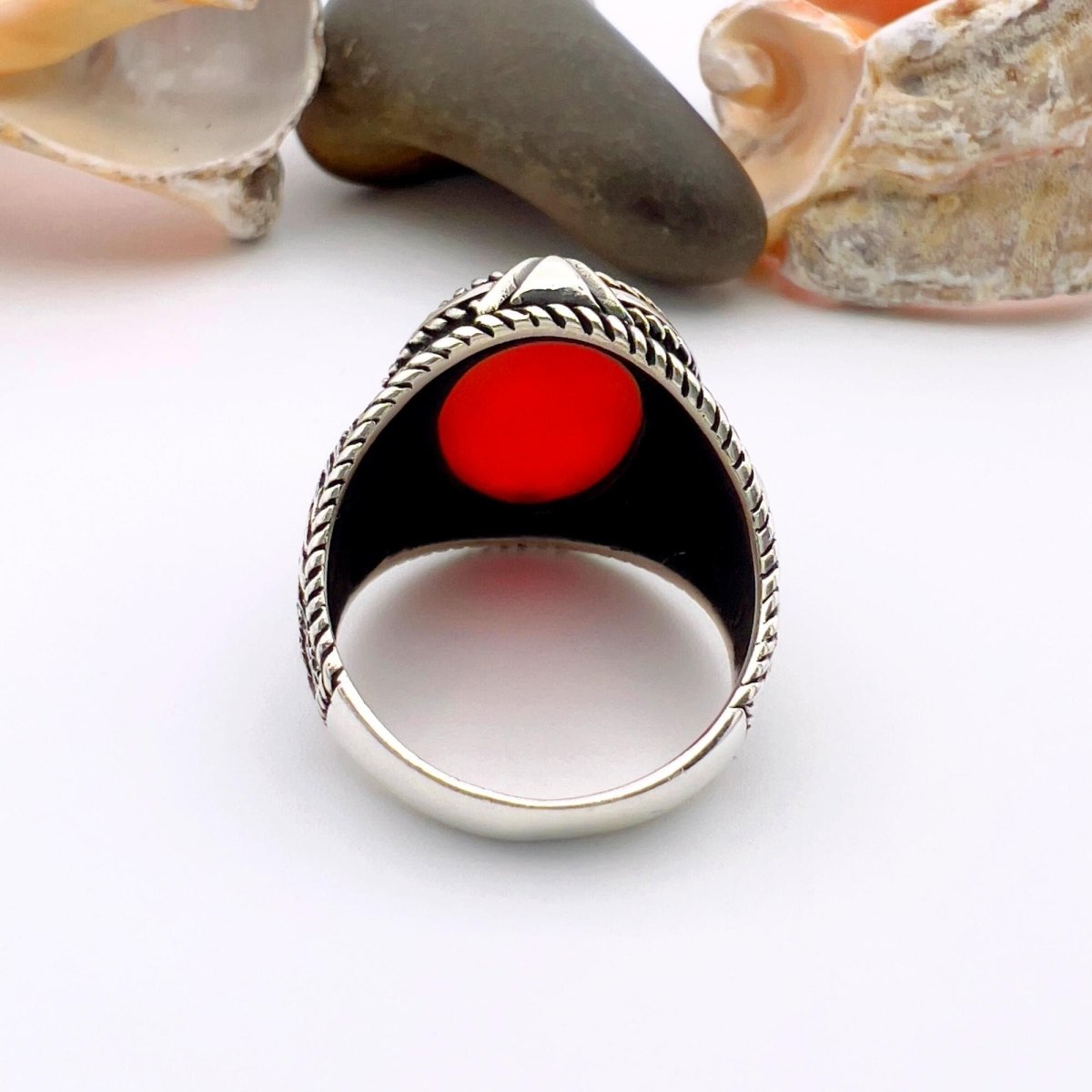 Men's Red Agate Stone Silver Ring - TryAladdin